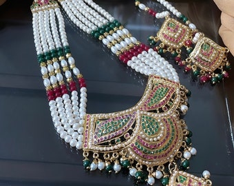 Gold Plated Jadau Pearl Necklace Set: Traditional Indian Bridal Jewelry