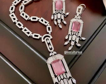 White & Pink ADNS1116 American Diamond Necklace Set, Size: Adjustable