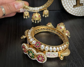 Openable Gold Plated Kundan Rajwadi Jhumki Bangles | Rajwadi Kundan Gold Patla | Indian Bridal Jewelry | Meenakari Kundan Pacheli |