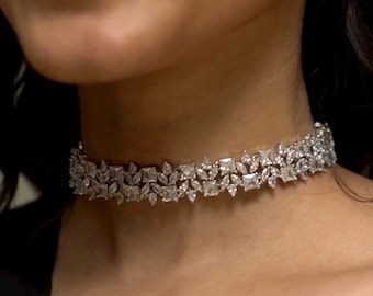 American Diamond Silver Finish High Neck Choker Set | CZ Choker Necklace | Cocktail Jewelry | AD CZ Jewelry