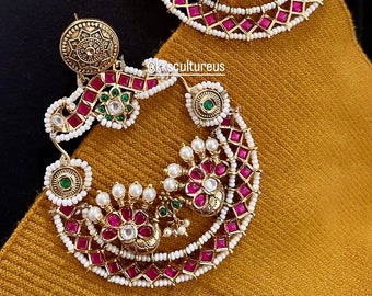 Statement Kundan Kemp Chandbali Earrings | Pink Green Kundan Chandbali Earrings | Kundan Pearl Chandbalis | Temple Jewelry