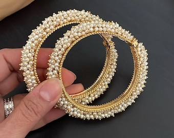 Cluster Pearl Bangles: Gold Finish Indian Jewelry (Size 2.4 / 6 / 8 Pair)