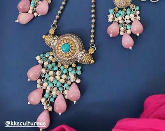 Dual Tone Silver Look Like Pendant Set | Fusion Oxidized Jewelry Bohemian German Silver Jewelry Pink Turquoise Beads Matar Mala Pendant Set