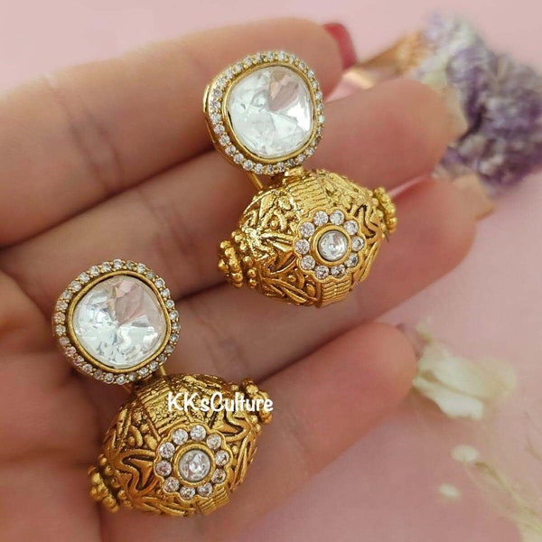 Uncut Kundan Diamond Gold Finish Earrings | Statement Stud Earrings | Polki Diamond Gold Finish Earring Cocktail Jewelry Kundan Earrings