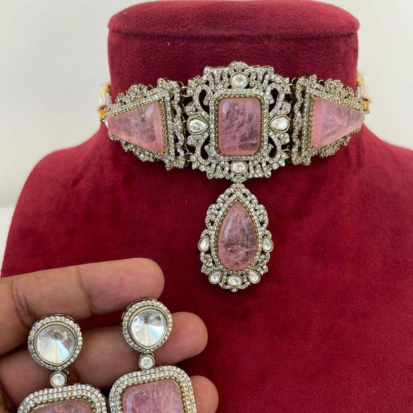 Premium Quality Vintage Gold Moissanite Polki Pink Doublet Choker Necklace Set | Designer Bridal Asia Choker | Choker Indo Western Jewelry