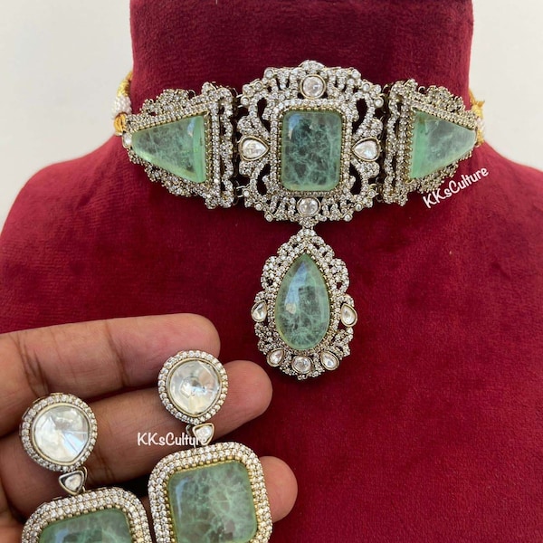 Premium Quality Vintage Gold Moissanite Polki Doublet Choker Necklace Set | Designer Bridal Asia Choker | Choker Indo Western Jewelry