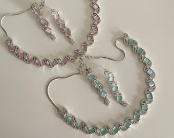 Mint Green American Diamond Silver Finish Necklace Set | Pink American Diamond Necklace | Cocktail Jewelry Dainty AD CZ Necklace Set