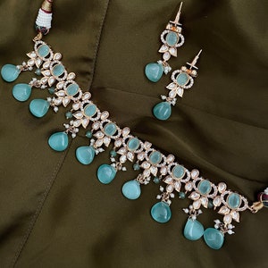 Mint Green Kundan Choker Necklace Set: Gold Plated Indian Wedding Jewelry