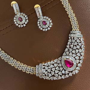 Gold Plated American Diamond Zirconium Ruby Necklace Set | Ruby CZ Diamond Dual Tone Necklace Set | Indian Jewelry