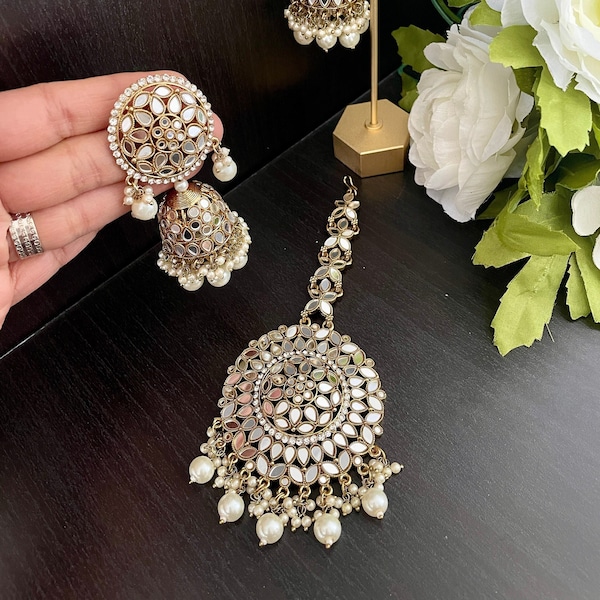 3 Pc Victorian Gold Finish Mirror Pearl Drop Jhumka Teekah Set | Mirror Jhumki Earrings Tika Set | Indian Jewelry | Punjabi Jewelry