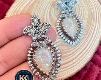 Oxidized German Silver Stone Stud Earrings: Ethnic Indian Jewelry