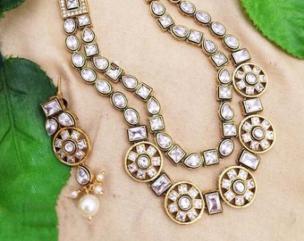 Peach Antique Gold Pearl Pendant Polki Stone Indian Asian Bridal Long Mala Necklace Set Wedding Jewellery Jewellery Sets 
