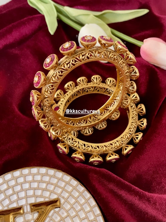 Fully Carved Gold Platted Ruby Openable Bangle Pair Gold Ruby