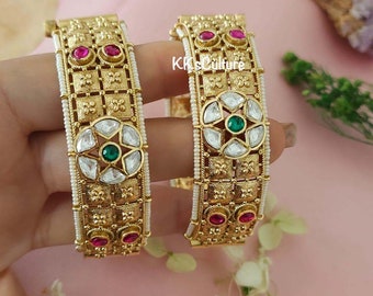 Gold Platted Pachi Kundan Openable Bangles | Gold Rajwadi Bangles | Indian Jewelry | Gold Kangan Pair | Rajwadi Kangan