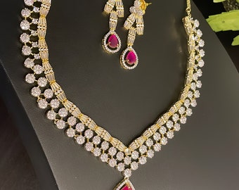 Ruby American Diamond Necklace Set: Two-Tone Indian Wedding Jewelry
