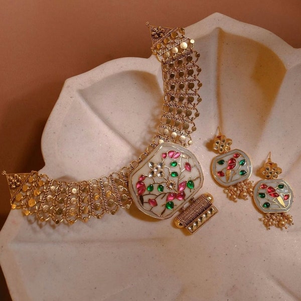 Amrapali Inspired Fusion Ornamental Inlay Mint Green Gold Choker Necklace | Green Gold Choker Fusion Kundan Necklace Set |
