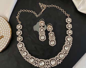 Moissanite Polki Necklace Set: Vintage Gold Finish Indian Jewelry