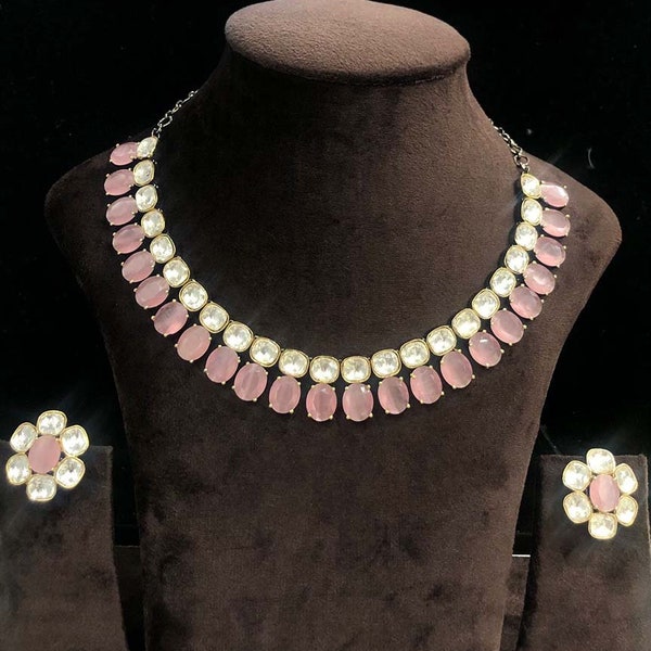 Fine Moissanite Kundan Pink Hydro Stone Necklace Set | Polki Necklace | Indian Jewelry | Kundan Jewelry | Wedding Jewelry | Kundan Necklace