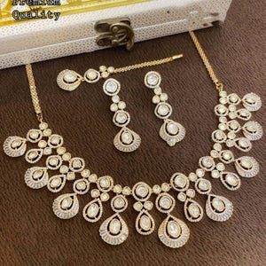 Moissanite Polki Necklace Set: Gold Finish Kundan Wedding Jewelry