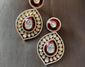 Gold Finish Red Kundan Polki Earrings: Ethnic Statement Jewelry