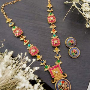 Indian Heritage Jewelry | Fusion Navratan Multicolor Necklace Set Navratna Necklace Set | Navratan Polki Necklace Set