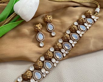 Gold Polki Kundan Jaguar Choker Necklace Set: Sabyasachi Style Indian Jewelry