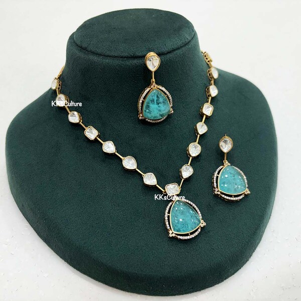 Aqua Doublet Moissanite Polki Diamond Set | Diamond Moissanite Kundan Necklace Set | Cocktail Jewelry | Wedding Jewelry