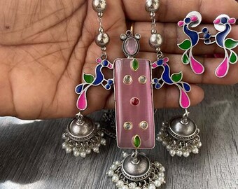 Enamel Peacock Pendant Set: Stone Studded German Silver Bohemian Jewelry