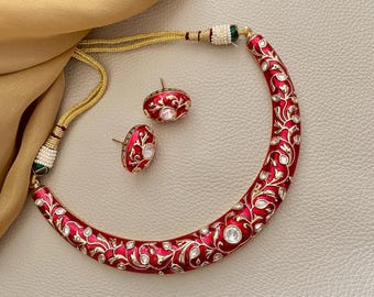 Red Meenakari Kundan Hasli Necklace: Ethnic Jaipur Jewelry Set