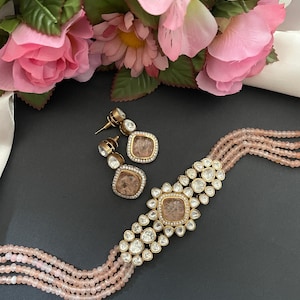 Moissanite Doublet Choker Set: Peach Brown Indian Wedding Jewelry