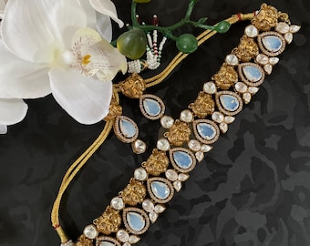 Gold Polki Kundan Choker Necklace Set: Jaguar Motif Indian Jewelry