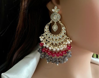 Meenakari Kundan Chandbali Earrings: Indian Beaded Jhumka