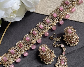 Polki Reverse AD Pink Pearl Choker Necklace Set Antique Finish | Indian Jewelry | Wedding jewelry Pearl Polki AD Choker Set Bridal Jewelry