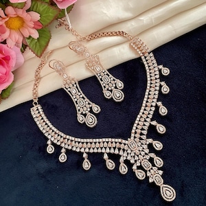 Rose Gold CZ Diamond Necklace Set: American Diamond Wedding Jewelry