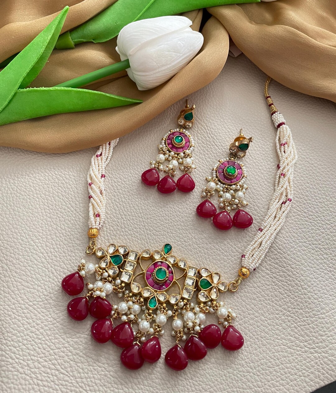 Ahmedabadi kundan necklace | purple beads necklace main image 0