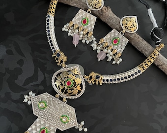 Two-Tone Silver Fusion Necklace Set: Bohemian Indian Jewelry