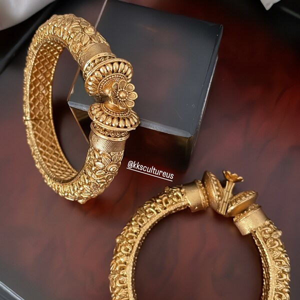 Gold Plated Fully Carved Openable Kade Kangan Antique Finish Bangles | Gold Kada Bangles | Gold Patla | Wedding Indian Temple Jewlery