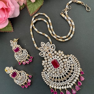 Gold Plated Ruby CZ Pendant Set: Indian American Diamond Jewelry