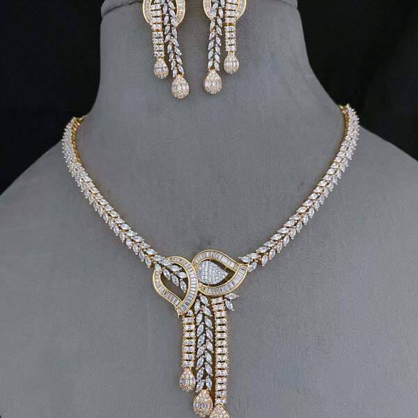 American Diamond 2 Tone Silver Gold Finish Necklace Set | Indian Wedding Jewelry | CZ AD Diamond Necklace | Cocktail Jewelry