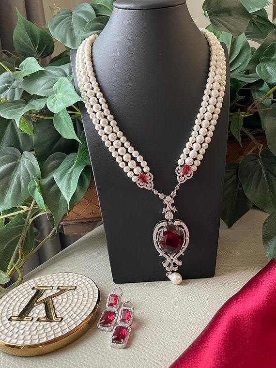 Long Pearl Emerald Necklace Mala Ruby 