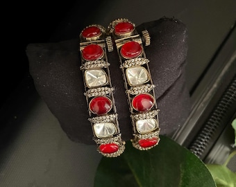 Red Garnet Polki Bangle Pair: Antique Gold Kundan Jewelry