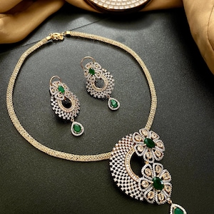 Gold Plated CZ Pendant Set: Emerald Green Indian Jewelry