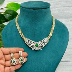 Gold Plated American Diamond Zirconium Emerald Green Necklace Set | Green Diamond Dual Tone Necklace Set | Indian Jewelry