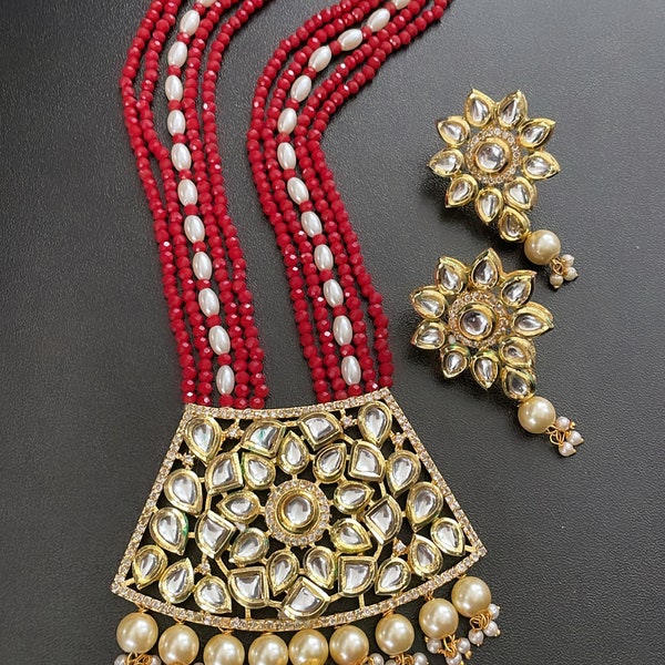 Beautiful Kundan Red Beads Pearl layered Necklace Set | Kundan Rani Haar | Indian Wedding Jewelry Statement Necklace| Pakistani Jewelry