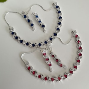 Ruby Red & Sapphire Blue AD CZ Necklace Set: Silver Finish Cocktail Jewelry