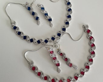 Ruby Red American Diamond Silver Finish Necklace Set | Sapphire Blue American Diamond Necklace | Cocktail Jewelry Dainty AD CZ Necklace Set