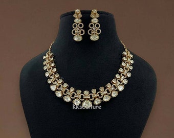 Gold Plated Moissanite Polki Necklace Set: Indian Wedding Kundan Jewelry