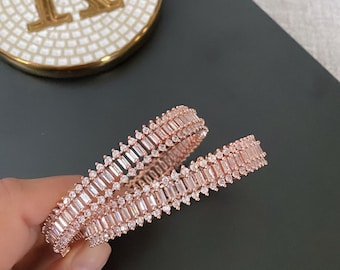 Rose Gold Finish CZ Bangle Pair: American Diamond Indian Wedding Jewelry