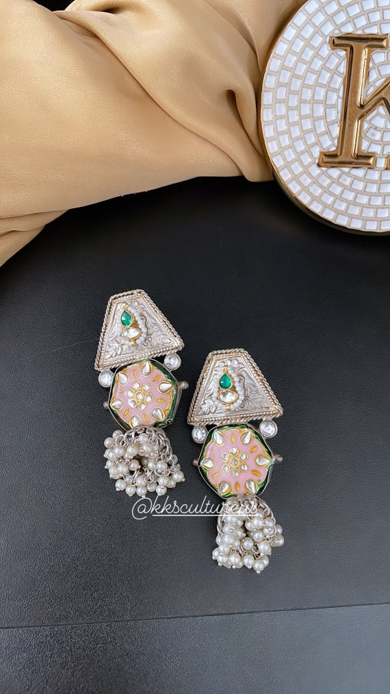 Oxidized Silver Meenakari Jhumka Earrings: Mint Green Pink Festive Jewelry - Main Image