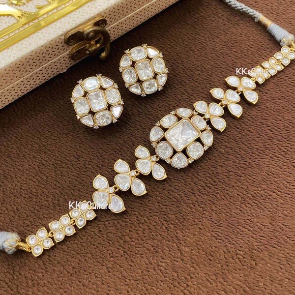 Premium Quality Vintage Gold Moissanite Polki Choker Necklace Set | Designer Polki Choker | Dainty Kundan Choker Indo Western Jewelry